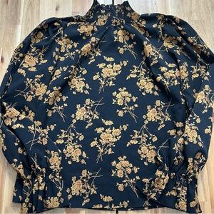 SHEIN Black Floral Smocked Mock Neck Blouse XL